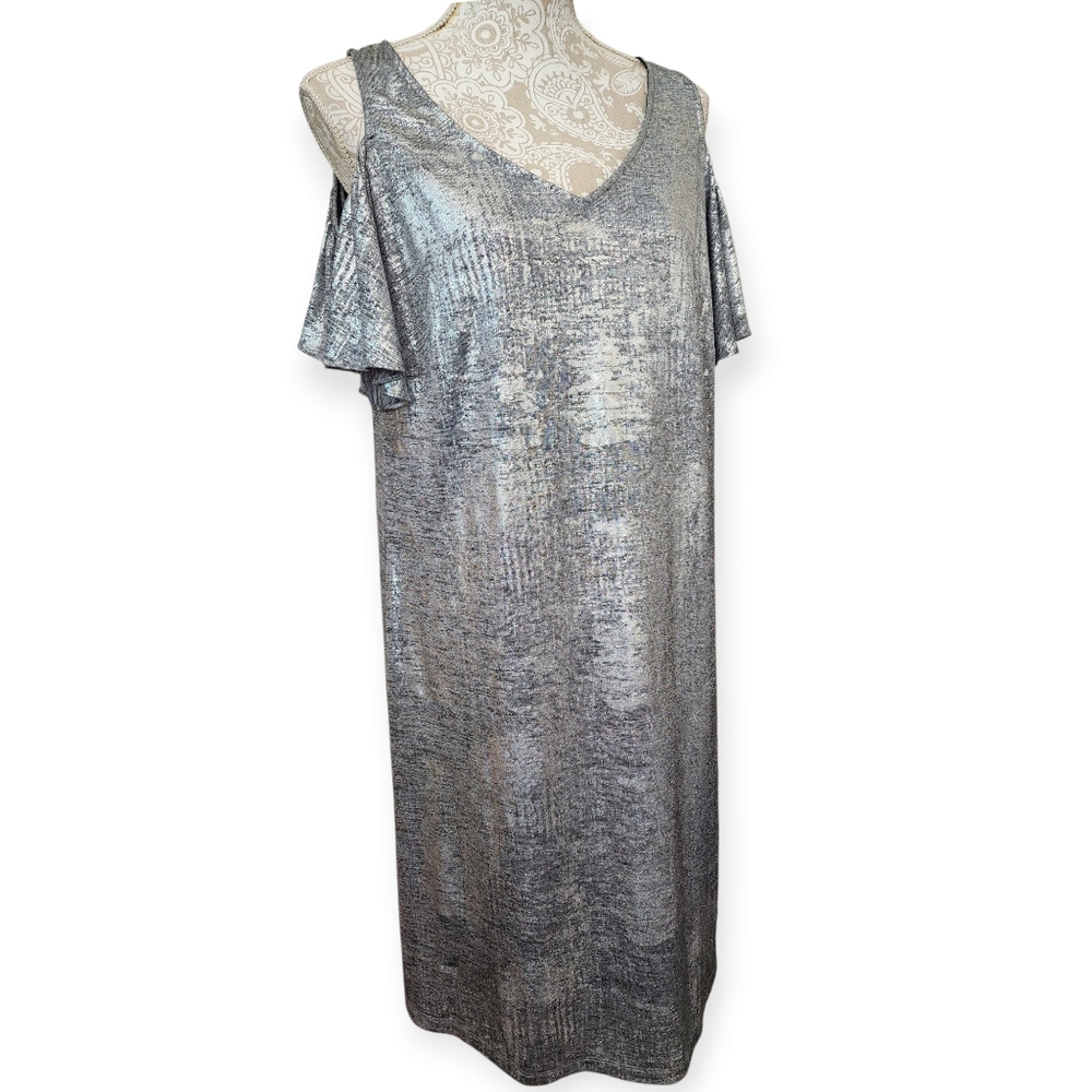 MSK Silver Shimmer Cold Shoulder Party Dress w/Flutter Sleeves Size 1X